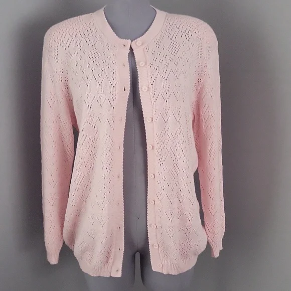 Vintage 80s Helen Harper Pink Pointelle Cardigan | Structured Shoulder | L - Picture 6 of 11